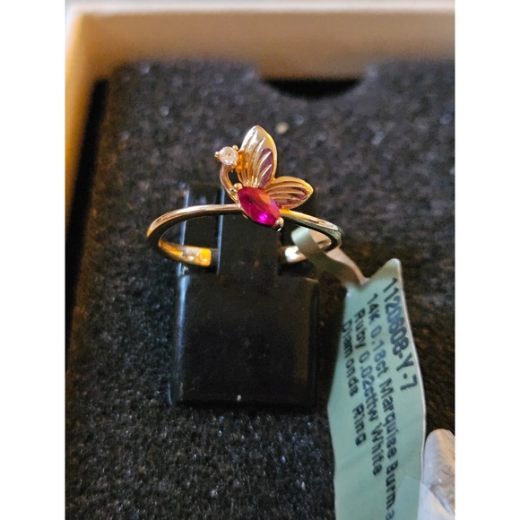Jewelry - 14K Yellow Gold Butterfly Ring 0.18ct Marquise Burma Ruby White Diamond Size 7
